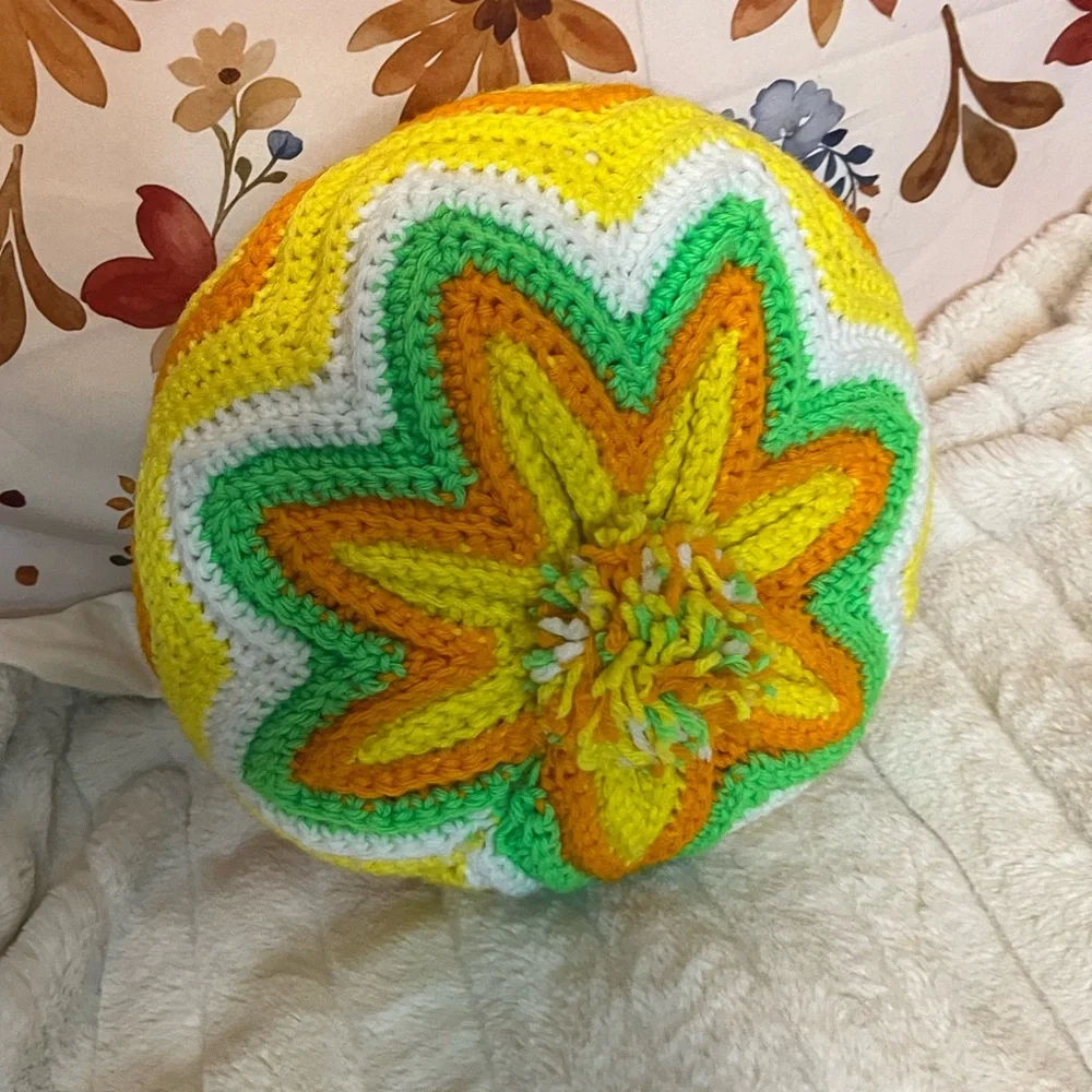 VTG Crochet Handmade Hippie Boho Yellow Green White Pom Decor Throw Neon Pillow